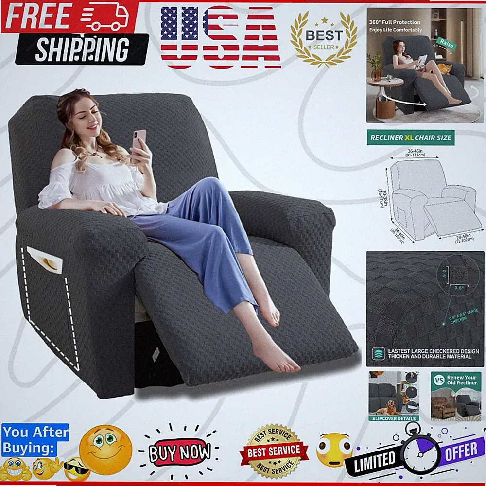 4 Pieces Oversized Stretch Recliner Slipcover Latest Jacquard Large Recliner...