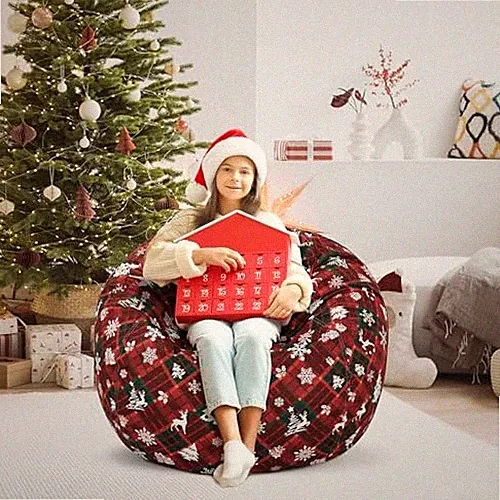 Bean Bag Chair for Kids Stuffed Animal Storage Beanbag Christmas Plaid