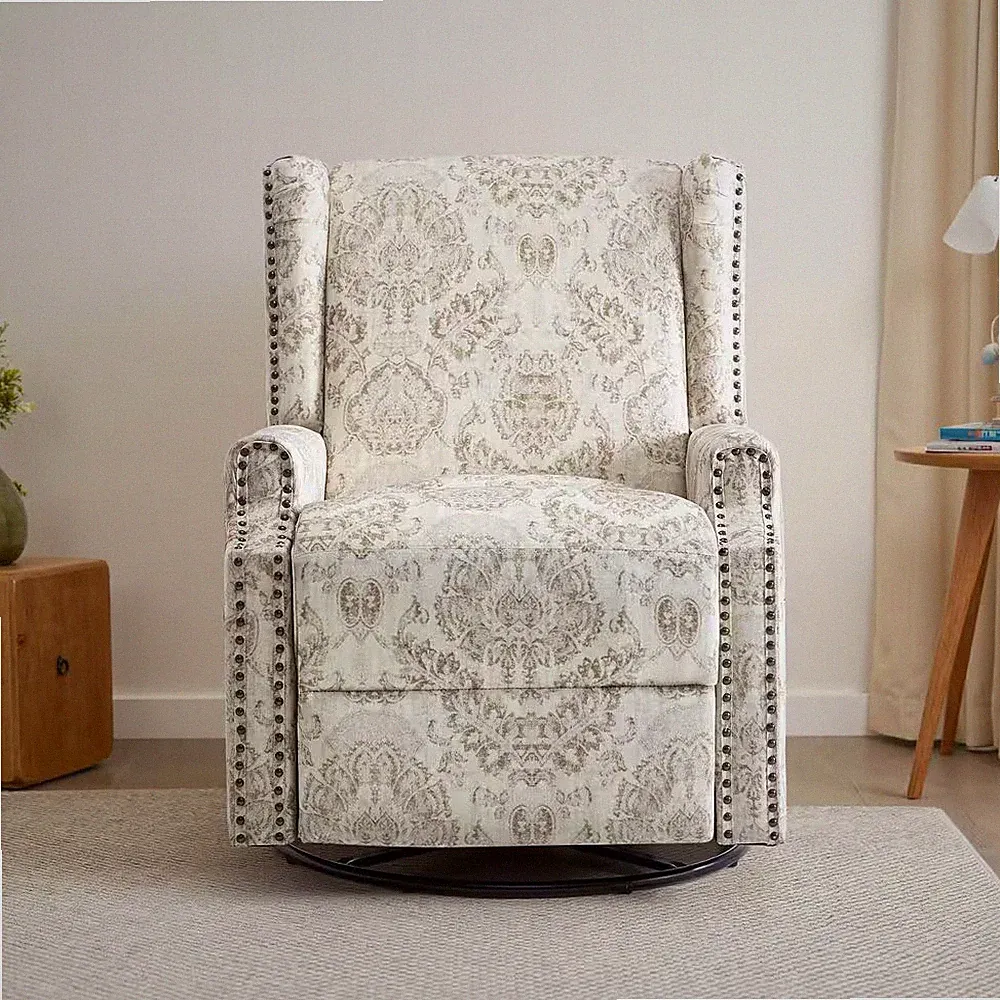 Beige Pattern Linen Swivel Upholstered Metal Base Recliner with Manually Adjusta