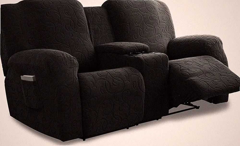 Black Recliner Loveseat Cover with Console, Washable Stretch Sofa Protector