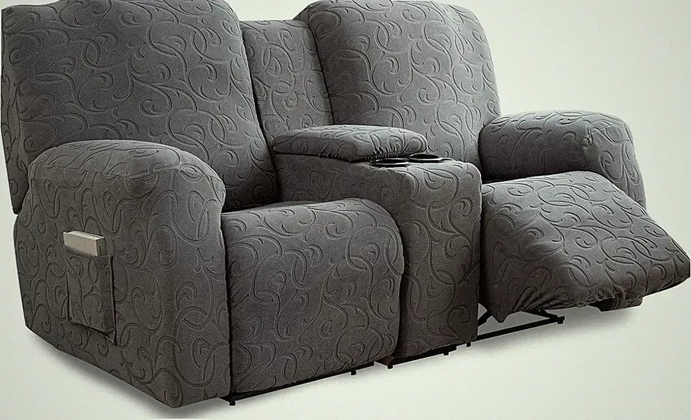 Dark Gray Stretch Recliner Loveseat Cover with Console - Sofa Protector