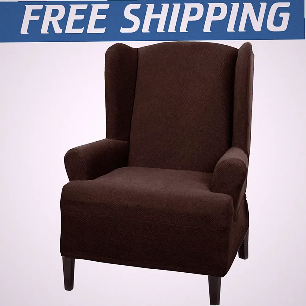 Durable Stretch Fabric Wing Chair Cover - Textured Mini Dot Design, Chocolate