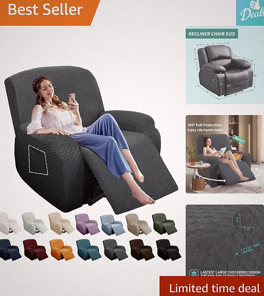 Elegant 4-Piece Stretch Jacquard Recliner Slipcover in Dark Gray - Perfect Fit