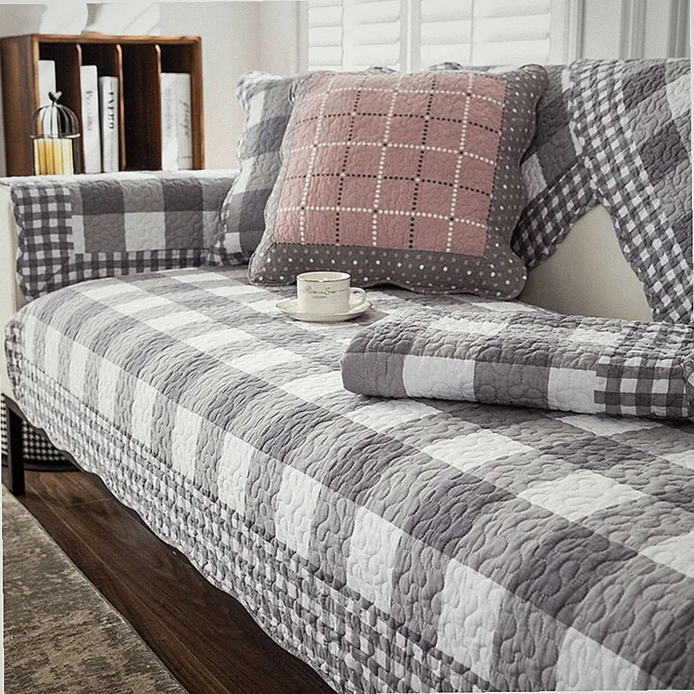 Farmhouse Buffalo Check Plaid Cotton Sofa Couch Cover Patchwork Quilted Secti...