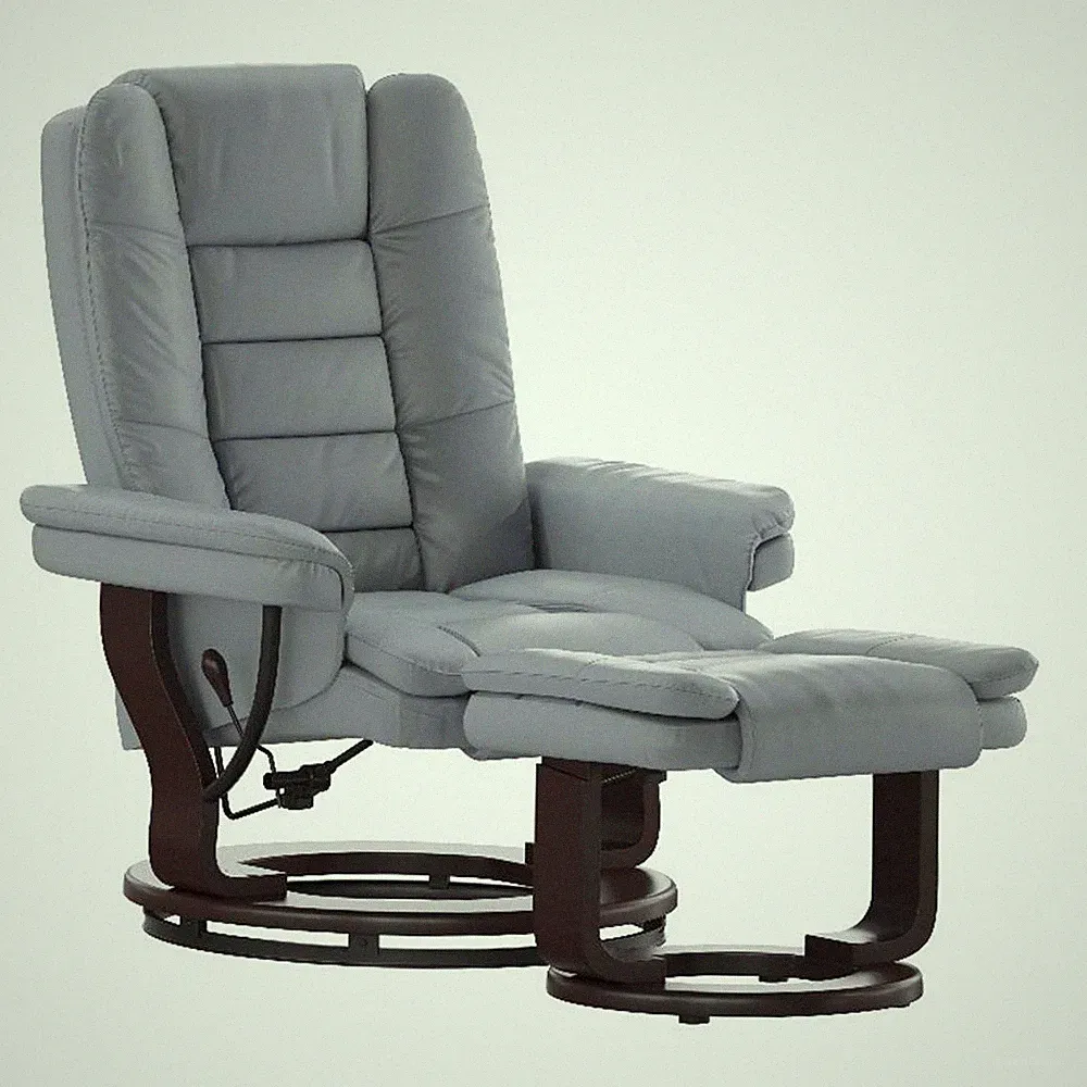 Gray LeatherSoft Multi-Position Recliner &Ottoman w/Swivel Mahogany Wood Base