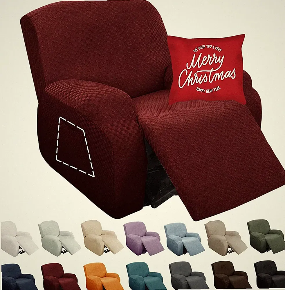 Jacquard Recliner Slipcover 4-Piece Set with Side Pocket - Wine Red