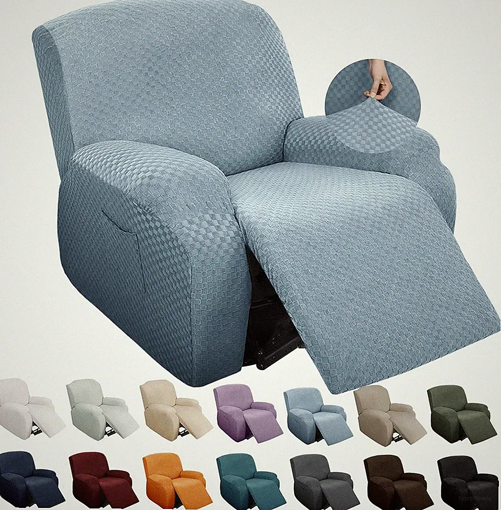 Light Blue Stretch Recliner Slipcover with Side Pocket - 4 Pieces Anti-Slip Set