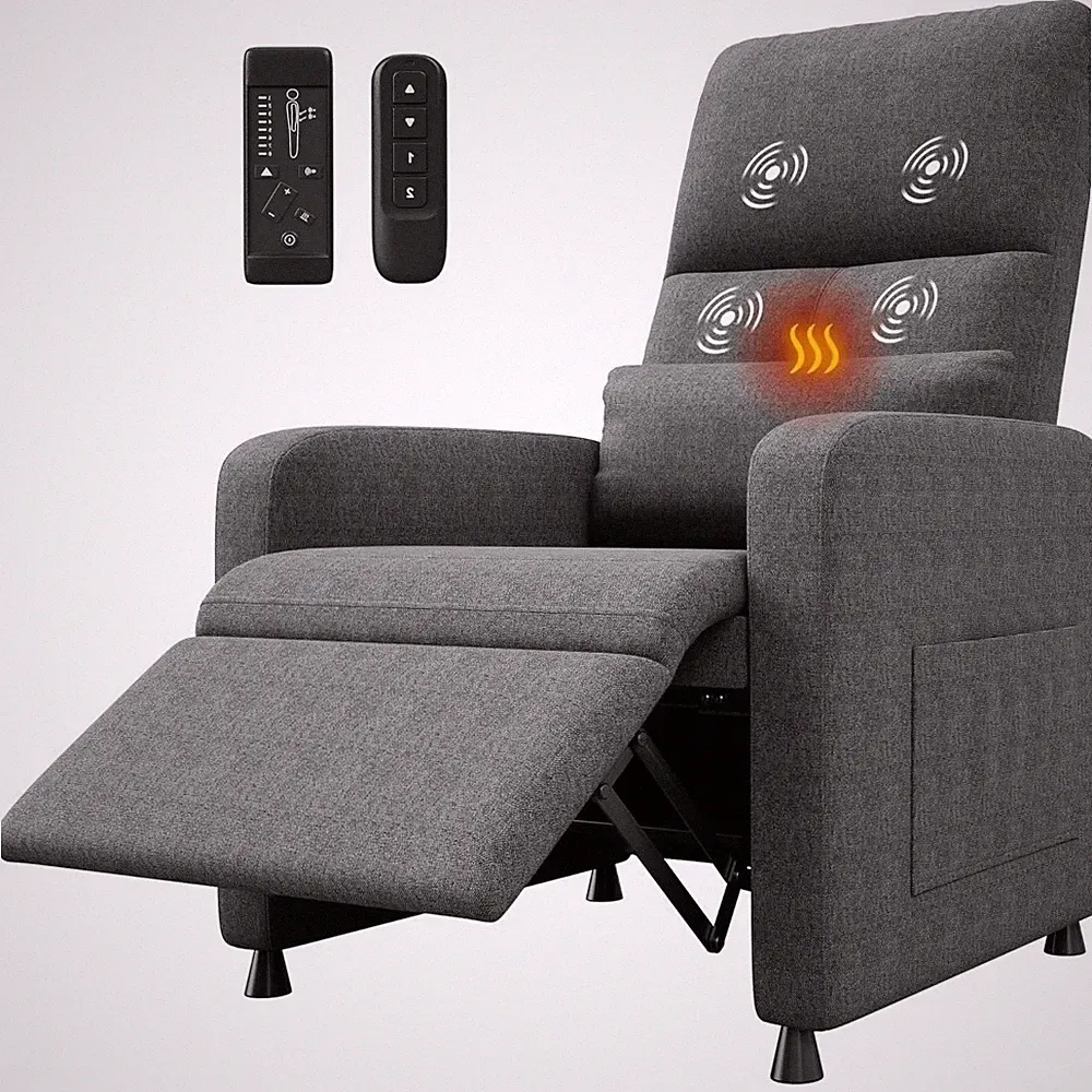 Massage & Heat Electric Recliner Overstuffed Tall Back W/ Pockets & USB Charging