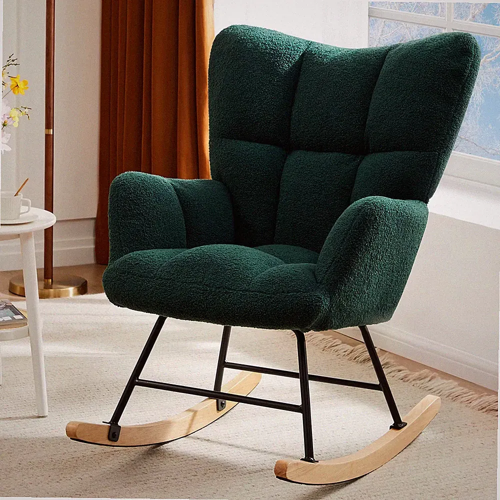 Teddy Fabric Upholstered Glider, High Backrest, Padded Seat, Rocker Armchair