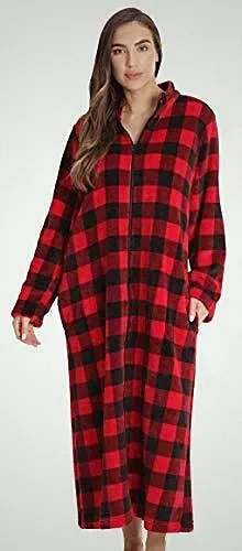 Womens Comfortable Fleece Zip Front Long Lounger Robe Medium Red Buffalo Plaid