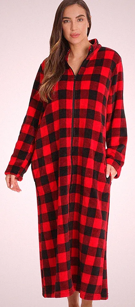 Womens Comfortable Fleece Zip Front Long Lounger Robe Small Red Buffalo Plaid